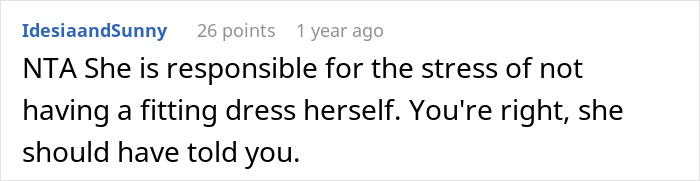 Reddit comment criticizing cousin's wedding dress expectations, supporting bridal shop owner's decision. Reddit comment criticizing cousin's wedding dress expectations, supporting bridal shop owner's decision.