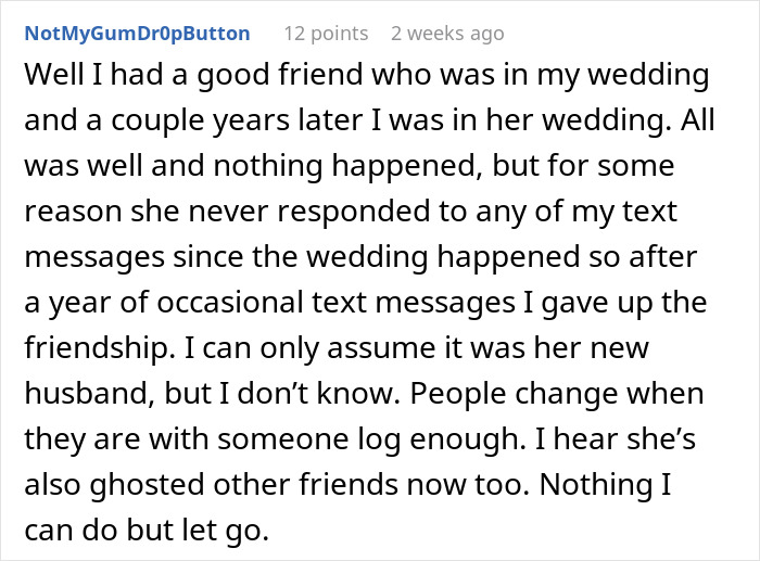A Reddit post discussing a woman not invited to her best friend's wedding, reflecting on lost friendship. A Reddit post discussing a woman not invited to her best friend's wedding, reflecting on lost friendship.