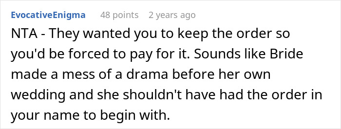 Comment discussing bride's canceled wedding cake order situation. Comment discussing bride's canceled wedding cake order situation.