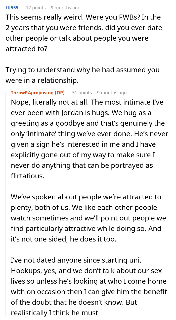 Reddit post discussing a friend's relationship boundaries and misunderstandings. Reddit post discussing a friend's relationship boundaries and misunderstandings.