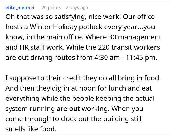 Text discussing a company potluck with disappointment for transit workers missing out while others enjoy food. Text discussing a company potluck with disappointment for transit workers missing out while others enjoy food.