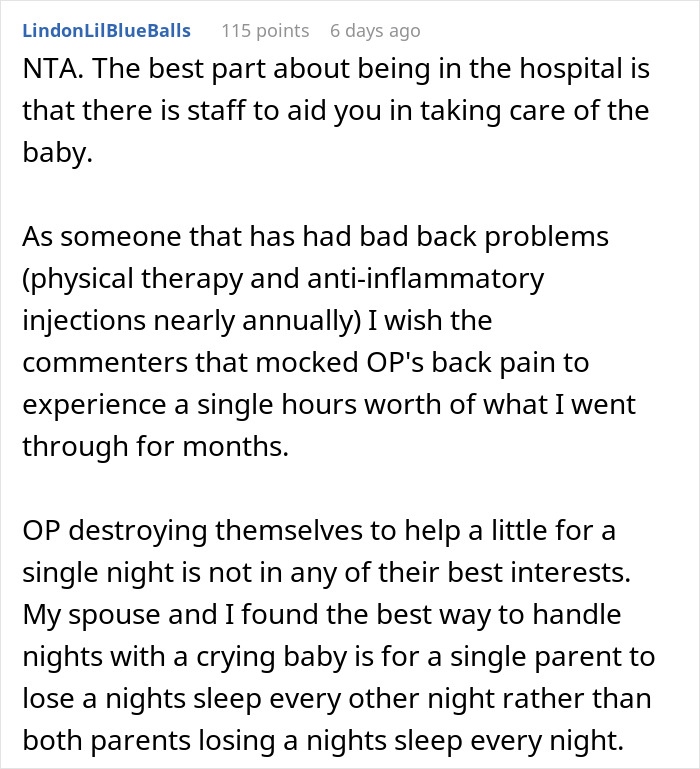 Internet discussion on post-C-section support, comment defends original poster's back pain concerns. Internet discussion on post-C-section support, comment defends original poster's back pain concerns.