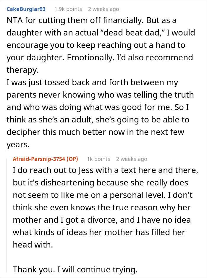 Comments discussing financial cutoff and issues with a daughter labeling her dad as a "deadbeat. Comments discussing financial cutoff and issues with a daughter labeling her dad as a "deadbeat.