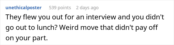 Text from social media discussing employee rejection based on lunch preference. Text from social media discussing employee rejection based on lunch preference.