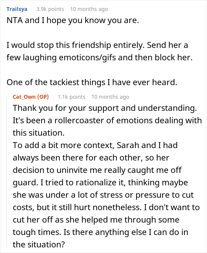 Reddit conversation about refusing to pay for a friend's wedding after being uninvited. Reddit conversation about refusing to pay for a friend's wedding after being uninvited.