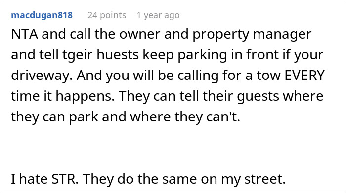 Text comment about car blocking a driveway and the suggestion to call the owner or property manager. Text comment about car blocking a driveway and the suggestion to call the owner or property manager.