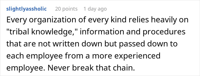 Comment about the importance of tribal knowledge in software management and operations. Comment about the importance of tribal knowledge in software management and operations.