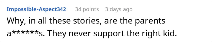 Comment discussing parental favoritism in a family-related story. Comment discussing parental favoritism in a family-related story.