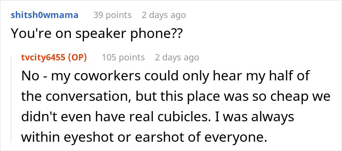 Text exchange about speakerphone use in a workplace lacking real cubicles. Text exchange about speakerphone use in a workplace lacking real cubicles.