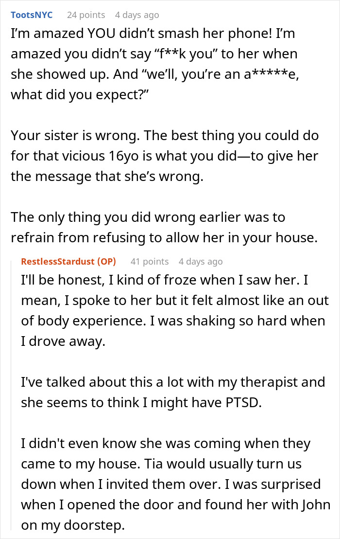 A Reddit conversation discussing a teen's issue with a dad's ex-girlfriend and their interactions. A Reddit conversation discussing a teen's issue with a dad's ex-girlfriend and their interactions.