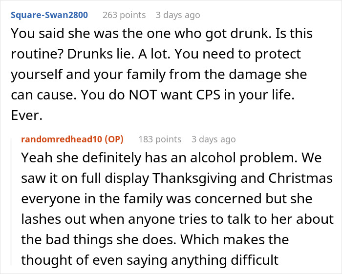 Reddit thread discussing a family betrayal involving CPS and alcohol issues. Reddit thread discussing a family betrayal involving CPS and alcohol issues.