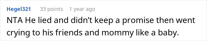 Reddit comment discussing a boyfriend lying about birthday perfume, calling him childish. Reddit comment discussing a boyfriend lying about birthday perfume, calling him childish.