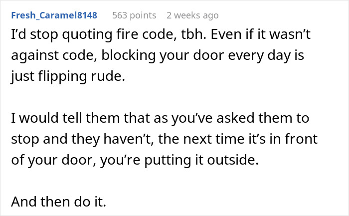 Text exchange discussing a woman reporting neighbors for blocking her door with a stroller. Text exchange discussing a woman reporting neighbors for blocking her door with a stroller.