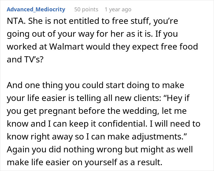 Text from a forum discussing a bridal shop owner's refusal to make a second wedding dress for free. Text from a forum discussing a bridal shop owner's refusal to make a second wedding dress for free.