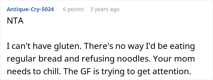 Reddit comment discussing gluten allergy skepticism, accusing someone of seeking attention. Reddit comment discussing gluten allergy skepticism, accusing someone of seeking attention.