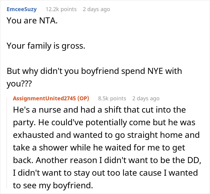 Reddit comment exchange about New Year's Eve family drama, discussing boyfriend's absence. Reddit comment exchange about New Year's Eve family drama, discussing boyfriend's absence.