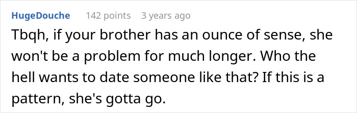 Reddit comment discussing relationship advice regarding dealing with problematic sister-in-law. Reddit comment discussing relationship advice regarding dealing with problematic sister-in-law.