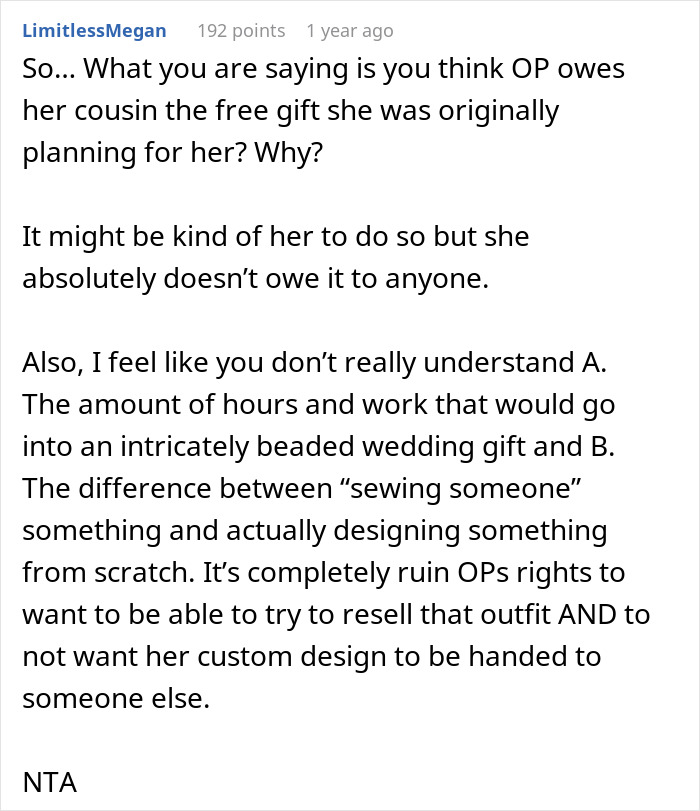 Text discussing bridal shop owner refusing to make a second wedding dress for free, highlighting design and effort involved. Text discussing bridal shop owner refusing to make a second wedding dress for free, highlighting design and effort involved.