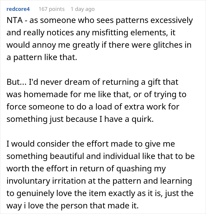 Text response discussing handmade gift expectations and appreciation for individual effort. Text response discussing handmade gift expectations and appreciation for individual effort.
