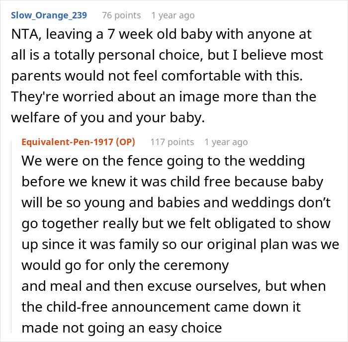 Reddit comments discussing family pressures about bringing a baby to a child-free wedding. Reddit comments discussing family pressures about bringing a baby to a child-free wedding.