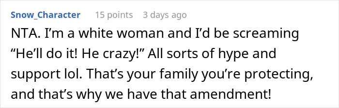 Comment supporting self-defense with a gun, referencing family protection and constitutional rights. Comment supporting self-defense with a gun, referencing family protection and constitutional rights.