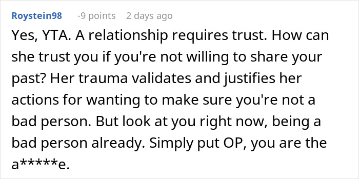 Comment discussing trust in a relationship about sharing social security number for a background check. Comment discussing trust in a relationship about sharing social security number for a background check.