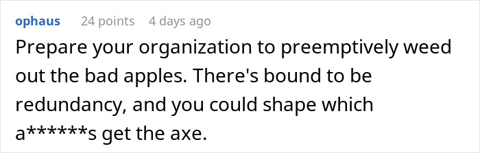 Text comment about organizational redundancy and shaping outcomes, likely discussing a workplace scenario. Text comment about organizational redundancy and shaping outcomes, likely discussing a workplace scenario.