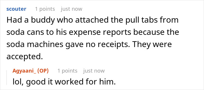 Discussion about creatively providing receipts for reimbursement without actual receipts on an online forum. Discussion about creatively providing receipts for reimbursement without actual receipts on an online forum.