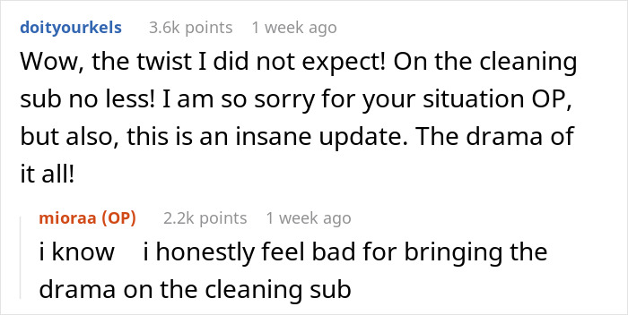 Reddit comments discussing unexpected stains left by a mistress in a woman's home, creating drama on a cleaning forum. Reddit comments discussing unexpected stains left by a mistress in a woman's home, creating drama on a cleaning forum.