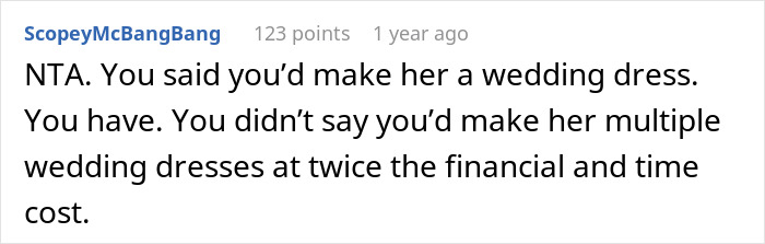 Reddit comment discussing bridal shop owner's refusal to make a second free wedding dress. Reddit comment discussing bridal shop owner's refusal to make a second free wedding dress.