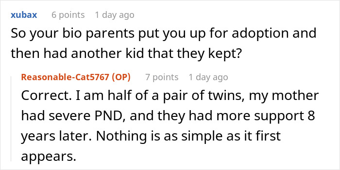 Reddit conversation about adoption and family decisions. Reddit conversation about adoption and family decisions.