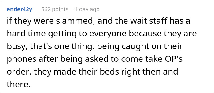 Comment about staff forgetting to take an order, discussing busy wait staff and phone usage. Comment about staff forgetting to take an order, discussing busy wait staff and phone usage.