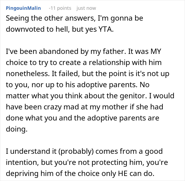 Text on a forum discussing guilt-trip from teen father about adoption decision 16 years later. Text on a forum discussing guilt-trip from teen father about adoption decision 16 years later.