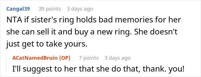 Reddit comment about sisters arguing over an heirloom ring and advice on selling it if it holds bad memories. Reddit comment about sisters arguing over an heirloom ring and advice on selling it if it holds bad memories.