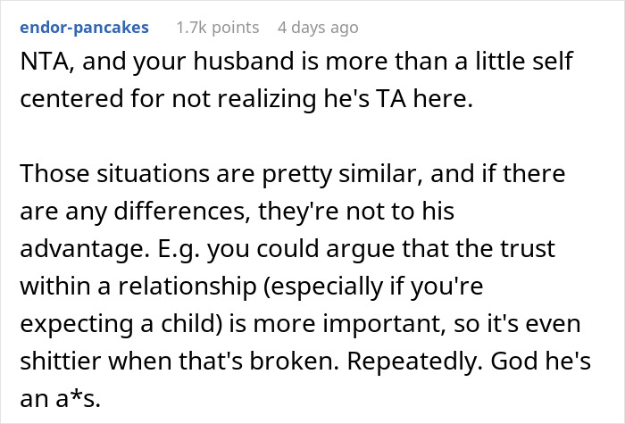 Reddit comment discussing a husband's behavior regarding privacy and pregnancy issues. Reddit comment discussing a husband's behavior regarding privacy and pregnancy issues.