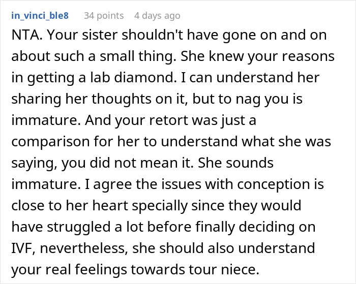 A Reddit comment discussing a disagreement over IVF and lab-created diamonds. A Reddit comment discussing a disagreement over IVF and lab-created diamonds.