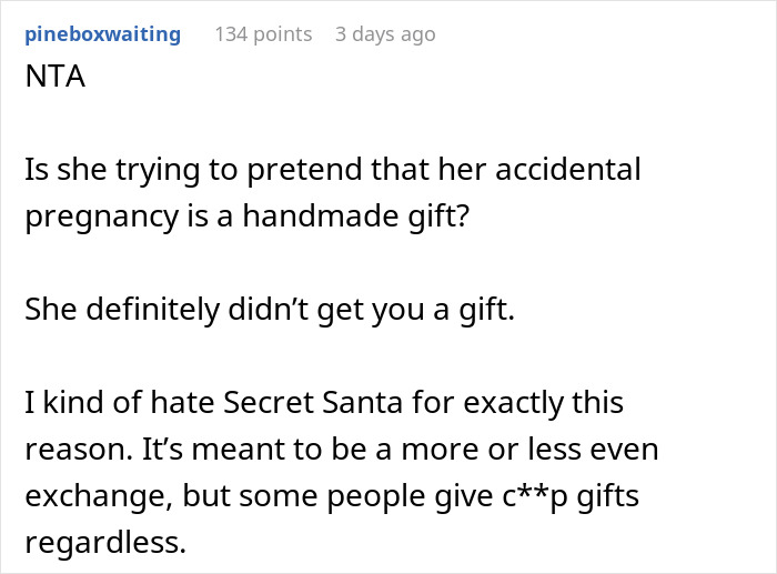 Reddit comment discussing pregnancy announcement as a Christmas gift. Reddit comment discussing pregnancy announcement as a Christmas gift.