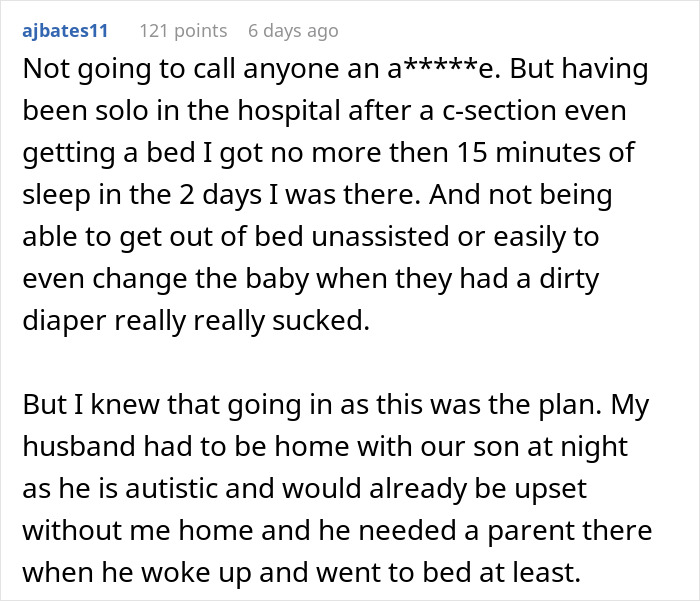 A Reddit post discussing solo hospital experience after a C-section and challenges without spousal support. A Reddit post discussing solo hospital experience after a C-section and challenges without spousal support.