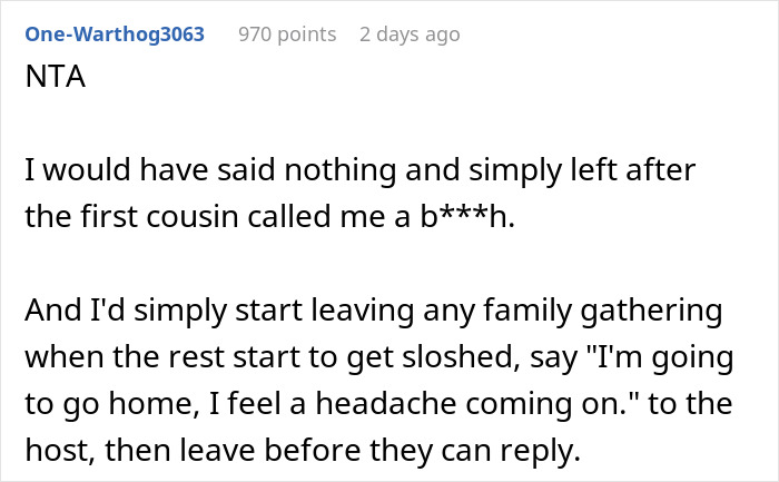 Reddit comment about handling family New Year's Eve drama, suggesting to leave early. Reddit comment about handling family New Year's Eve drama, suggesting to leave early.