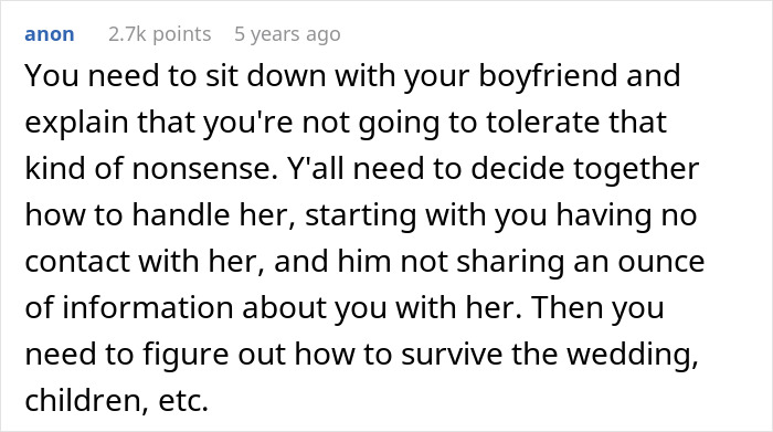 Screenshot of a Reddit comment discussing relationship advice related to boundaries, mentioning weddings and children. Screenshot of a Reddit comment discussing relationship advice related to boundaries, mentioning weddings and children.