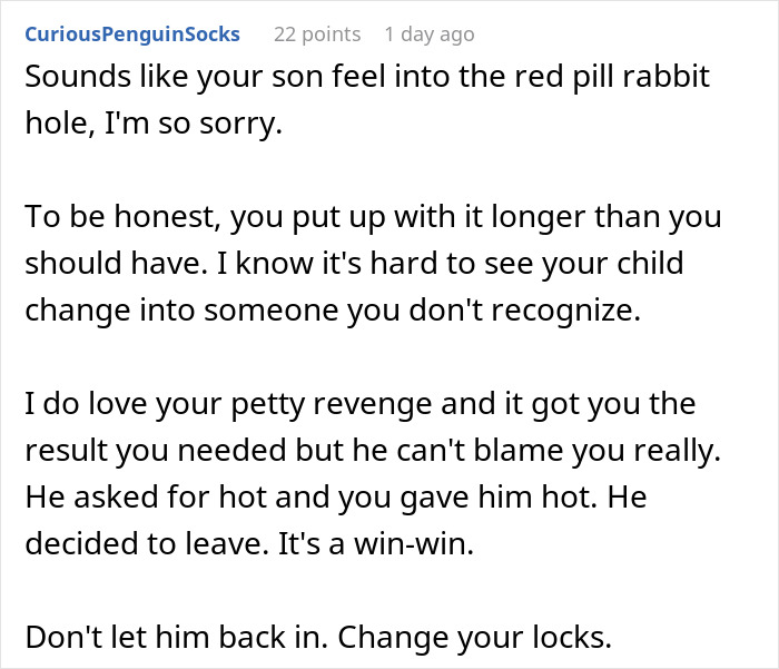 Text discussing a mom's response to son's entitled behavior with humor and spicy food metaphor. Text discussing a mom's response to son's entitled behavior with humor and spicy food metaphor.