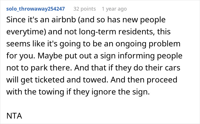 Reddit comment discussing issues with car blocking driveway near an Airbnb and suggesting towing. Reddit comment discussing issues with car blocking driveway near an Airbnb and suggesting towing.