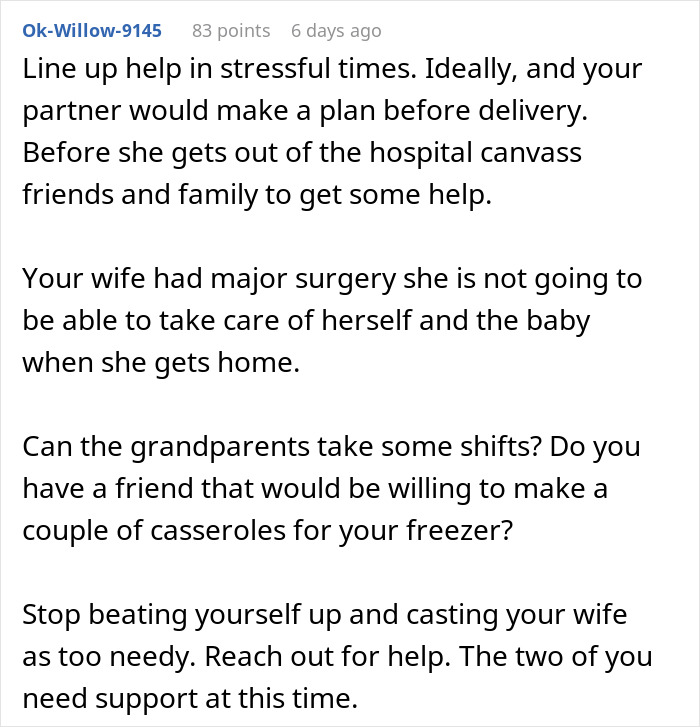 Advice on supporting wife post-C-section, emphasizing help from family and friends. Advice on supporting wife post-C-section, emphasizing help from family and friends.