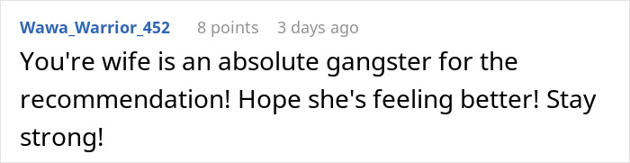 Comment praising someone's wife for a recommendation. Comment praising someone's wife for a recommendation.