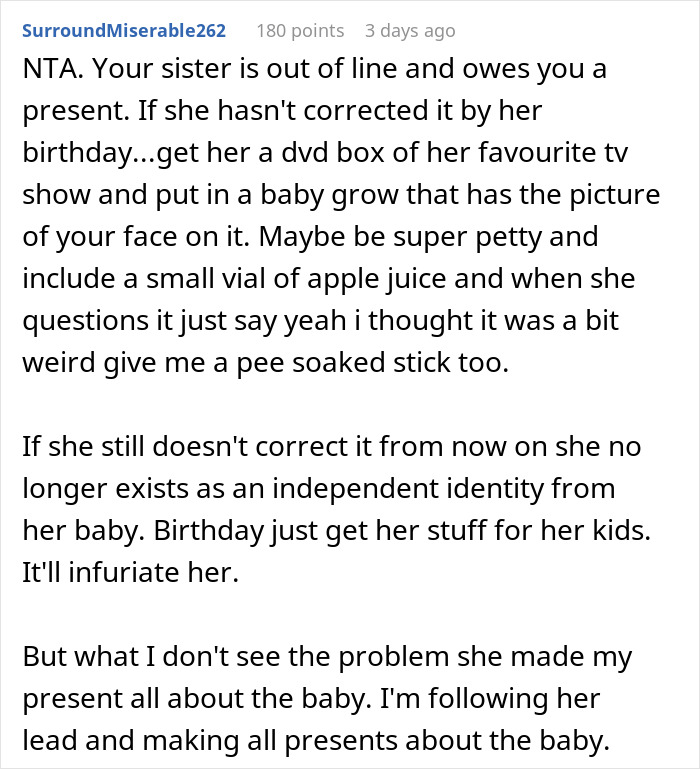 Text response to sister upset about pregnancy announcement as Xmas present. Text response to sister upset about pregnancy announcement as Xmas present.