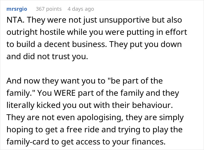 Comment addressing unsupportive in-laws during man's business growth. Comment addressing unsupportive in-laws during man's business growth.