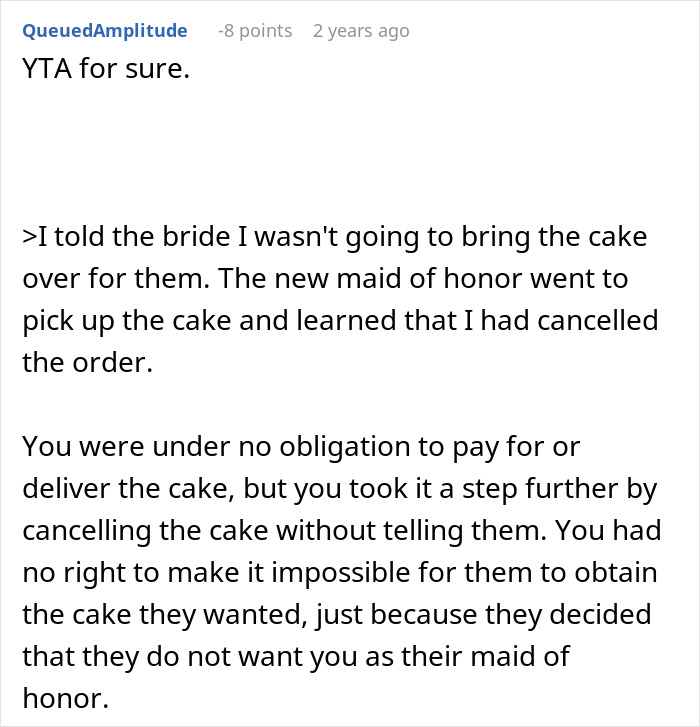 Reddit comment discussing a bride's canceled wedding cake order by ex-BFF after being uninvited. Reddit comment discussing a bride's canceled wedding cake order by ex-BFF after being uninvited.