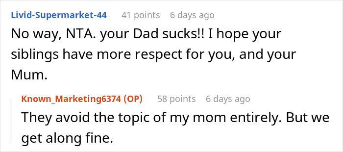 Reddit conversation discussing dad grief, children, and family respect issues. Reddit conversation discussing dad grief, children, and family respect issues.