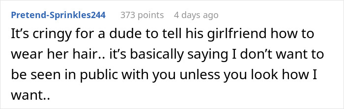 Text comment expressing opinion on boyfriend suggesting girlfriend change appearance to match AI pic. Text comment expressing opinion on boyfriend suggesting girlfriend change appearance to match AI pic.