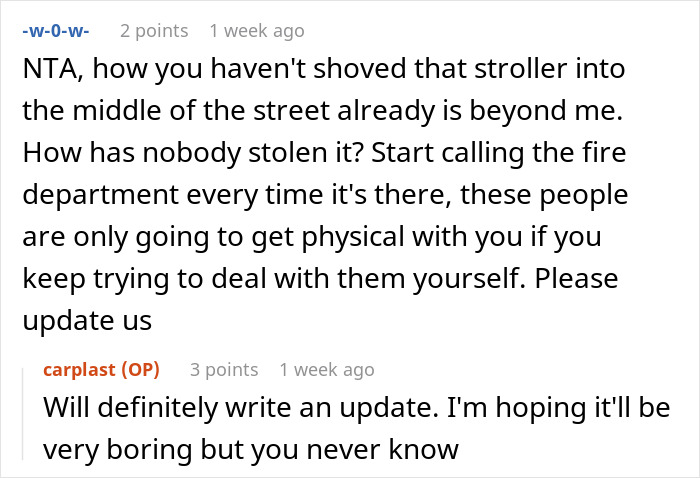 Text exchange about woman's frustration with neighbors' stroller blocking her door. Text exchange about woman's frustration with neighbors' stroller blocking her door.